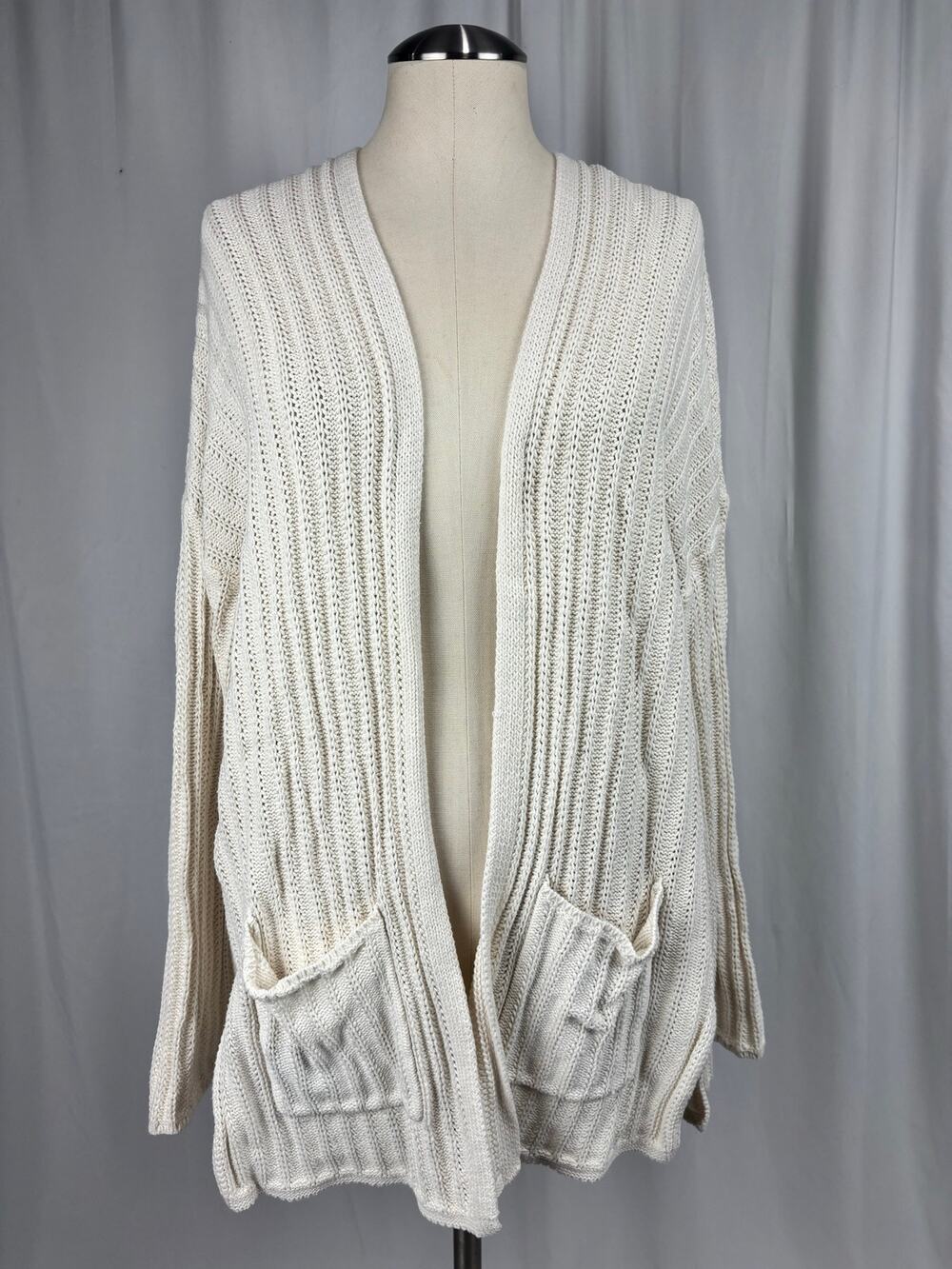 American Eagle Cream Open Front Ribbed Cardigan Sweater Womens M Pockets Cozy
